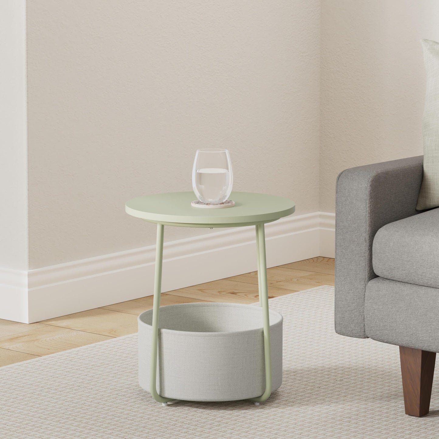 VASAGLE End Table, Small Bedside Table with Fabric Basket, Modern Nightstand, Round Side Table, for Living Room, Bedroom, Matte White and Camel Brown ULET223W10