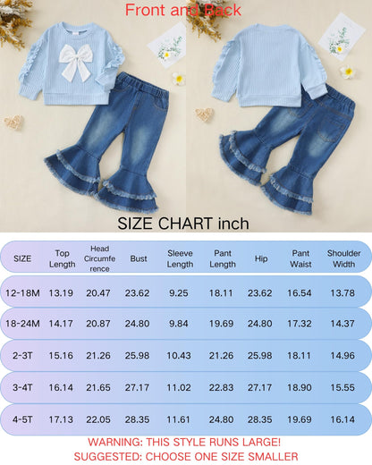 Renotemy Toddler Baby Girl Clothes Fall Winter Outfit, Bow Sweatshirt Denim Bell Bottom Jeans Outfits for 1-5 Year Girls