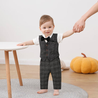 DISAUR Baby Boy Clothes Toddler Boy Outfits 4PCS Gentleman Dress Romper/Vest/Pants/Bow Tie Cotton Suit Sets