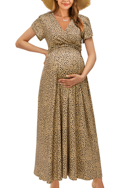 OUGES Maternity Maxi Dress Wrap V Neck Baby Shower Pregnancy Dresses for Photoshoot