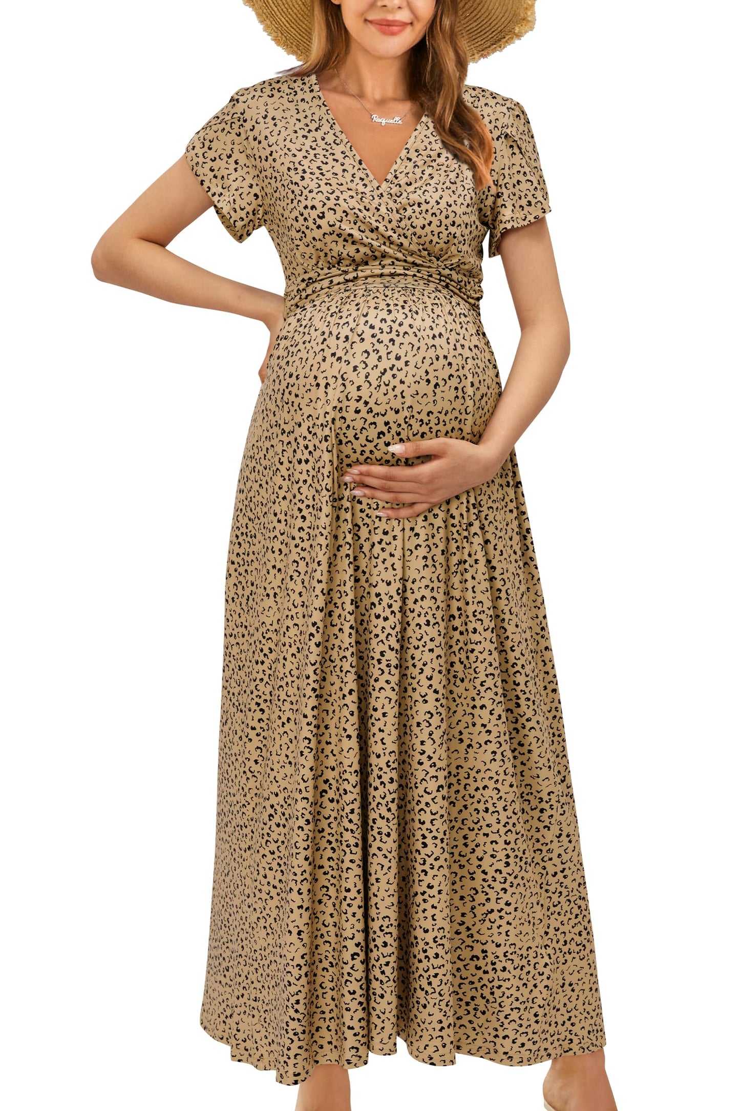 OUGES Maternity Maxi Dress Wrap V Neck Baby Shower Pregnancy Dresses for Photoshoot