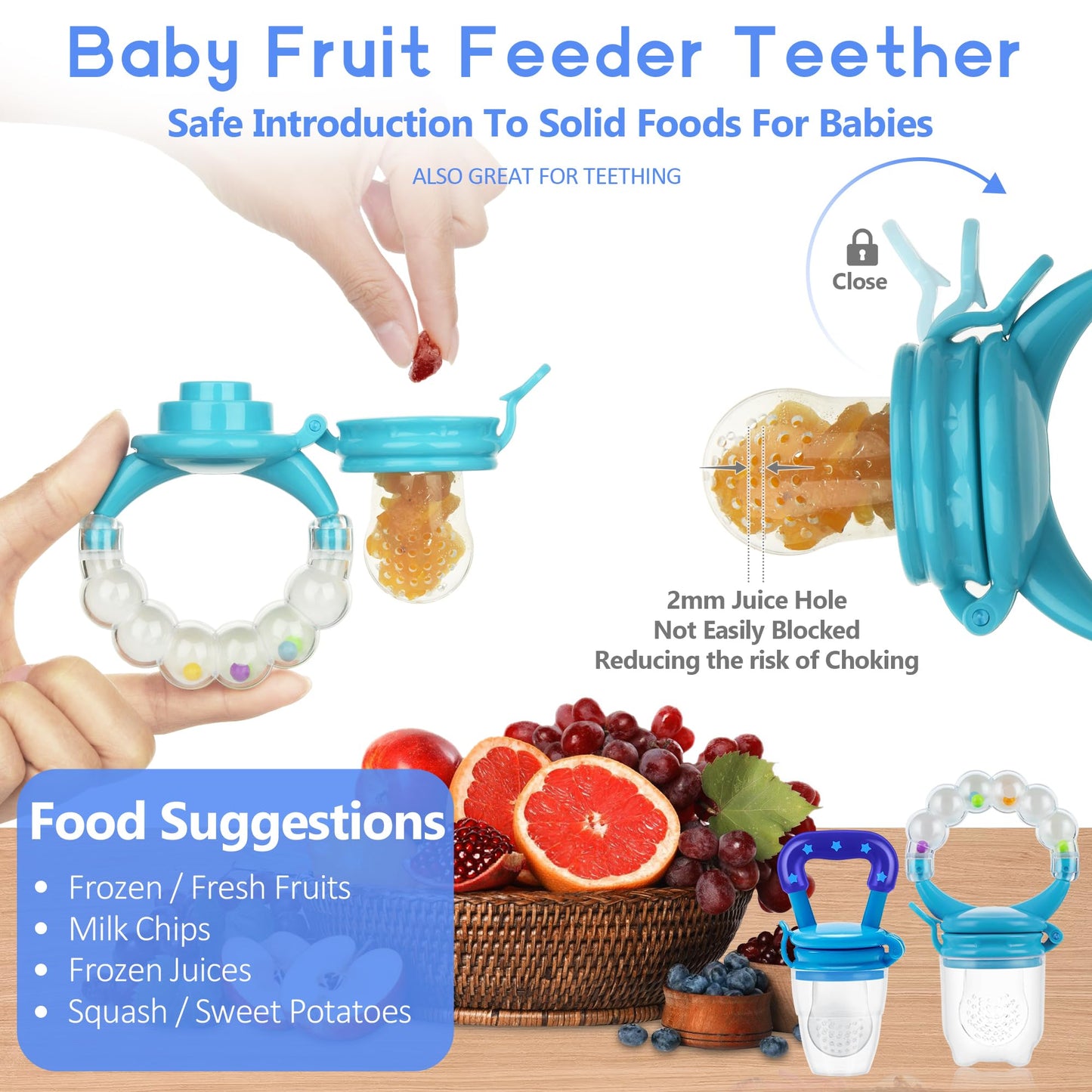 Food Feeder for Baby, Fruit Feeder Pacifier (3 Pcs) with 6 Different Sized Silicone Pacifiers 1 PCS Silicone Baby Food Dispensing Spoon 90ML with 1 PC Baby Spoons 1 PC Pacifier Clip Baby Feeding Set