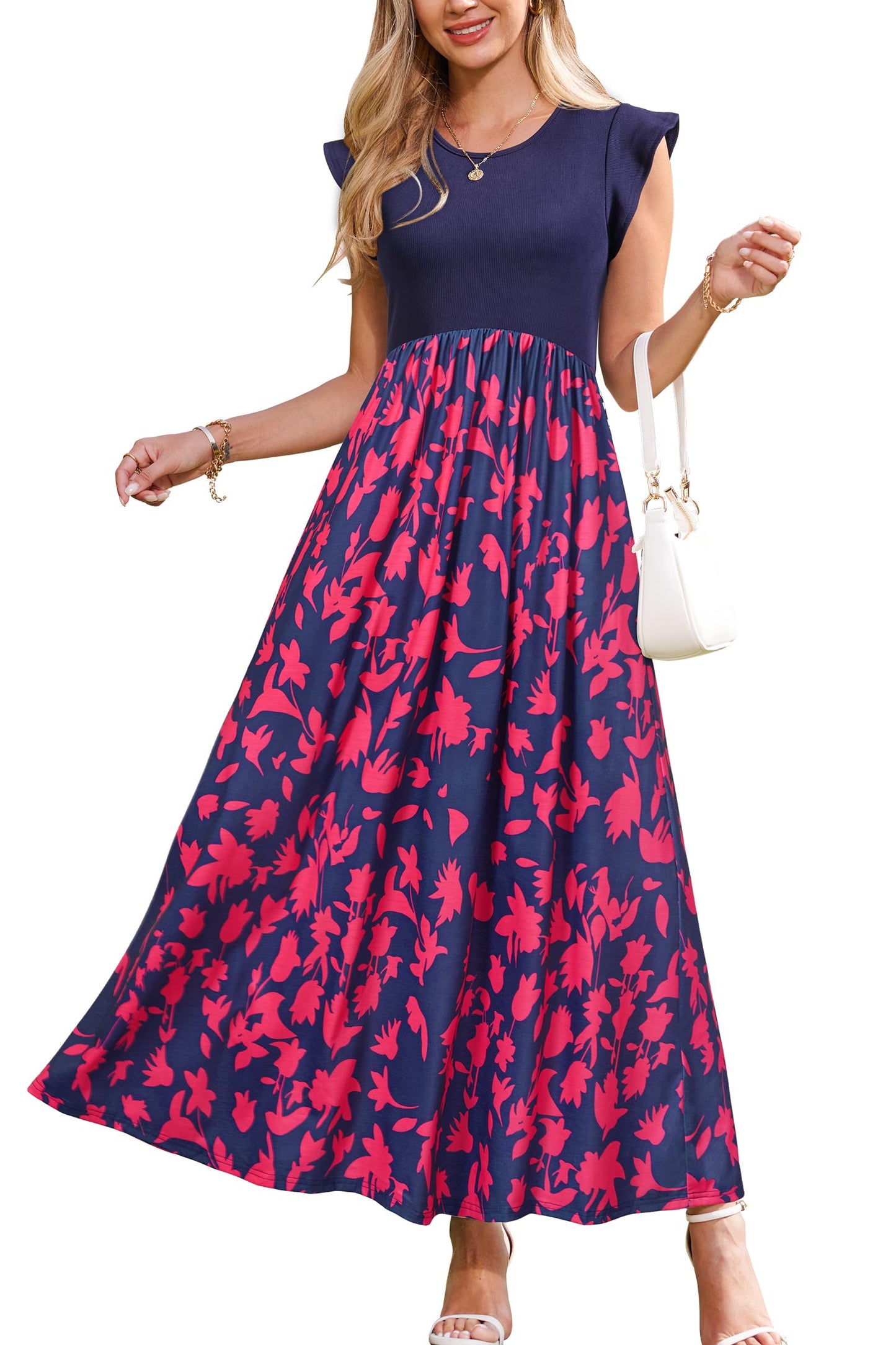 OUGES Women 2025 Spring Summer Dresses Maternity Sleeveless Ribbed Fashion Casual Outfits Maxi Dress with Pockets