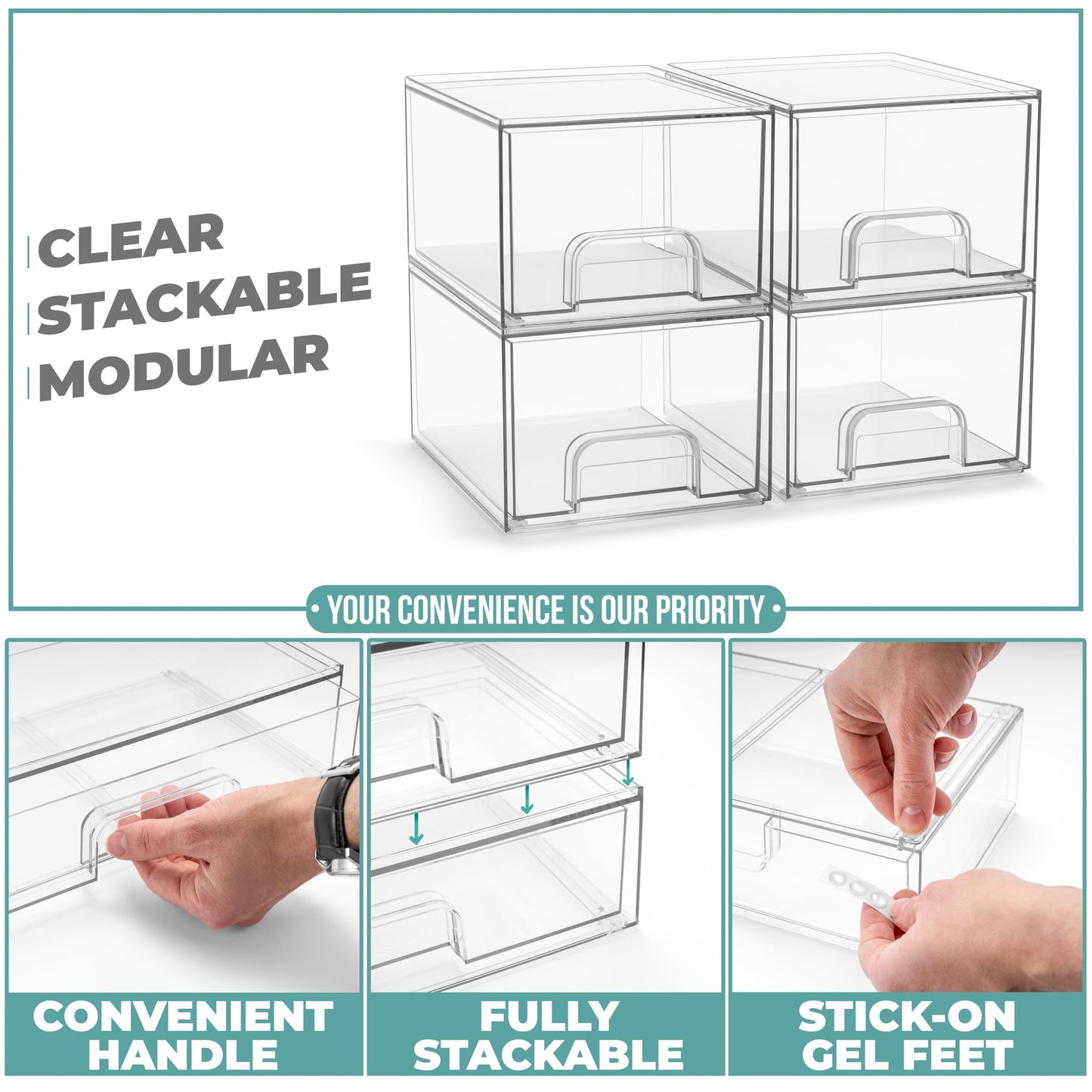 Sorbus Acrylic Storage Containers - 2 Pack, Stackable Storage Bins Set for Bathroom Organization - Clear Acrylic Drawer Organizers - Makeup Case Pull-Out Drawers (7.6’’ and 4.4’’ Tall)