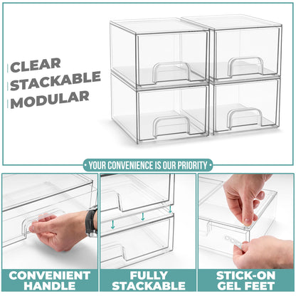 Sorbus Acrylic Storage Containers - 2 Pack, Stackable Storage Bins Set for Bathroom Organization - Clear Acrylic Drawer Organizers - Makeup Case Pull-Out Drawers (7.6’’ and 4.4’’ Tall)