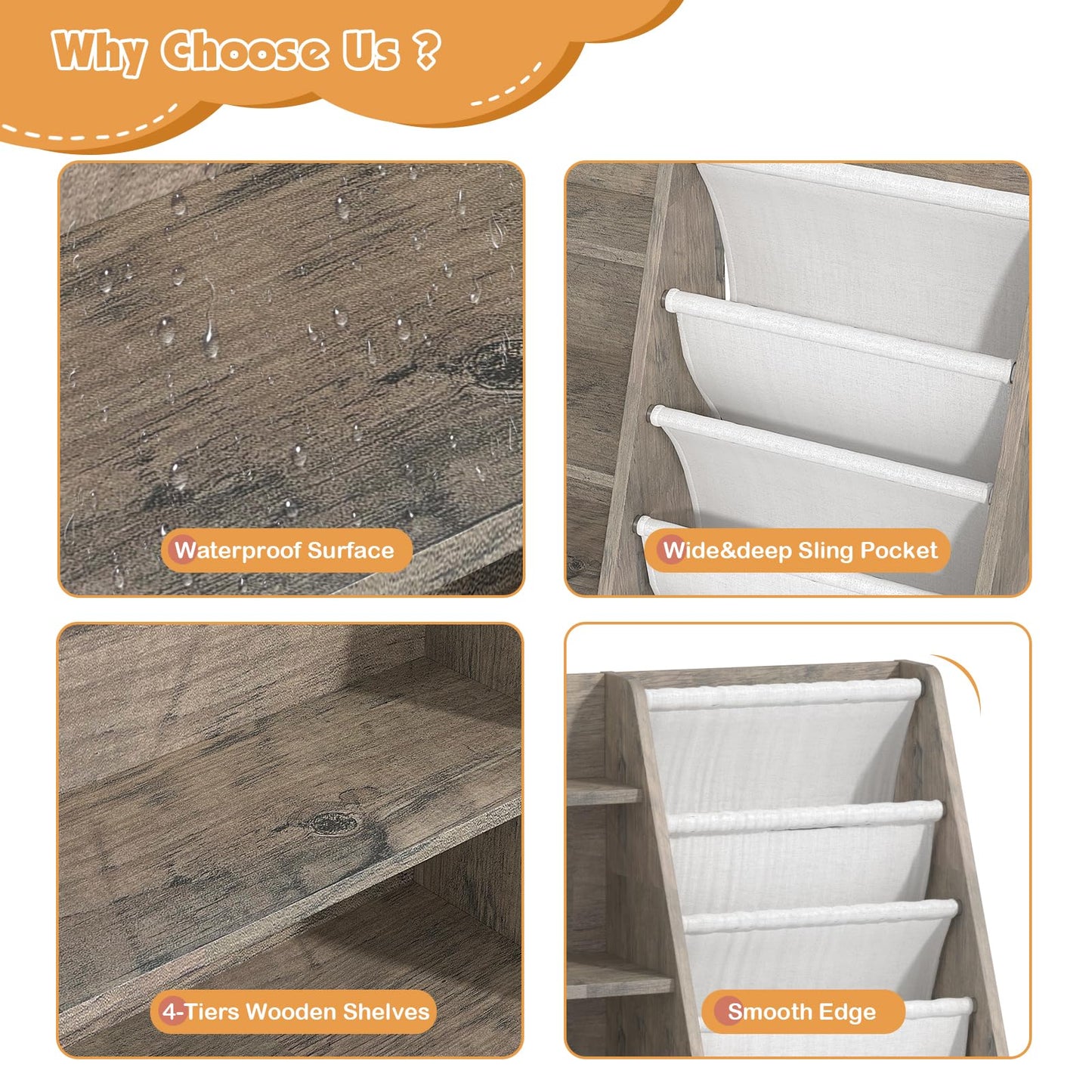 White Kids Bookshelf Wood Toy Storage Organizer Cabinet Children Bookcase Toddler Baby Sling Book Rack 3 Cube Bins Fabric Drawers for Playroom Bedroom Nursery School