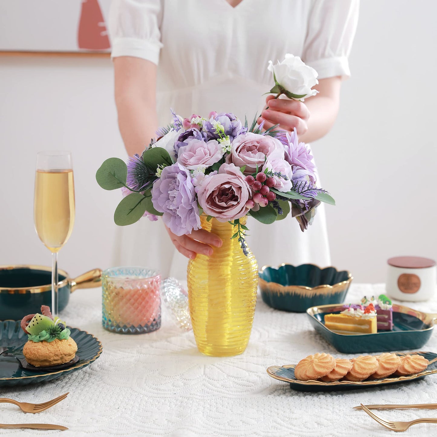 Artificial Flowers Combo, Fake Flowers for DIY Tables Centerpieces Baby Shower Bridal Shower Wedding Bouquet Arrangements Party Candle Holder Cake Decor Flower Home Decorations