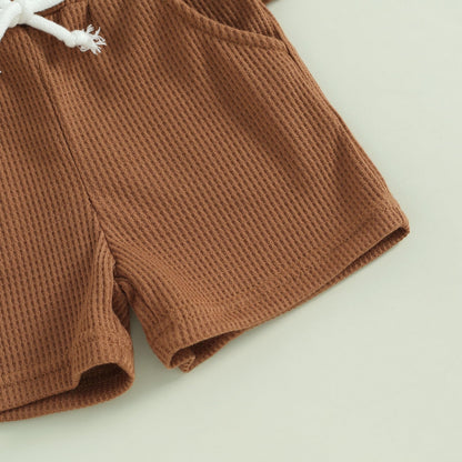 Kupretty Toddler Baby Boy Summer Clothes Embroiderey Waffle Knit Short Sleeve T-Shirt Tees + Casual Shorts Cute Clothing Set