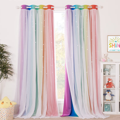NICETOWN Nursery Curtains for Kids, Farmhouse Blackout Curtain Panels for Bedroom, Double Layer Star Hollow-Out Grommet Aesthetic Living Room Toddler Window Curtains, 2 Pcs, W52 x L84, Biscotti Beige
