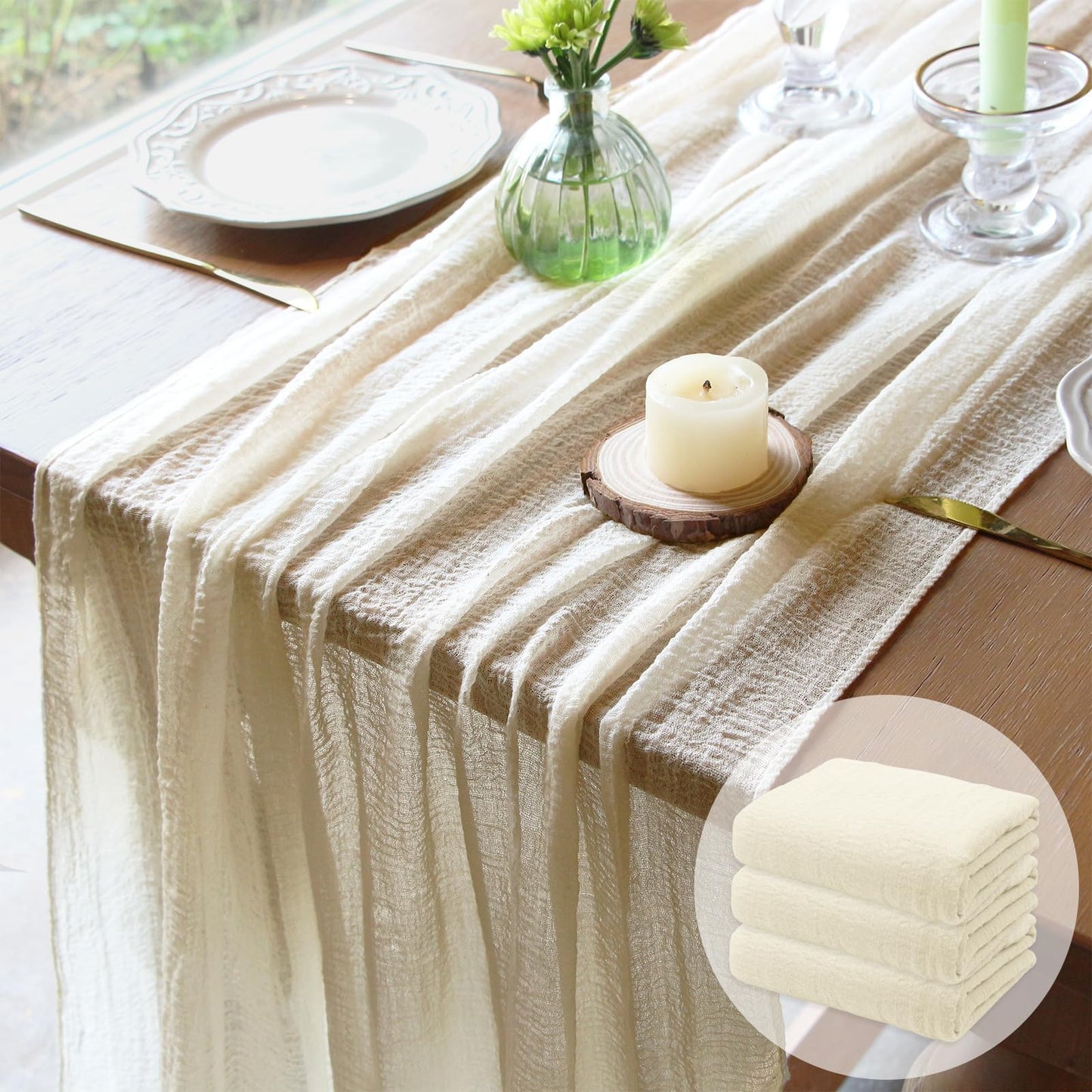 FEXIA Beige Cheesecloth Table Runner 35x120 Inches Ivory Gauze Rustic Boho Spring Easter Table Runner for Engagement Party Decorations Bridal Shower Wedding Party First Communion Centerpiece