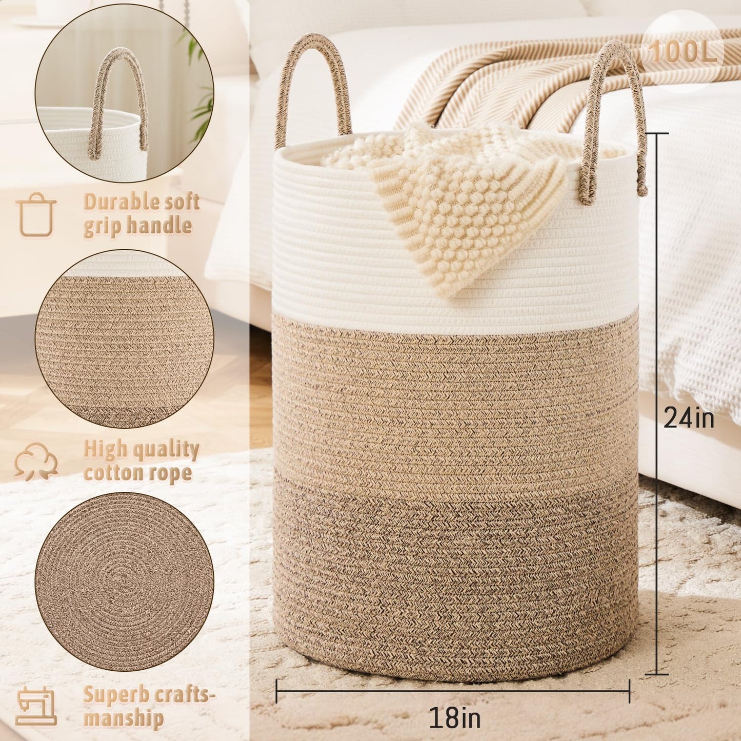 Laundry Basket,Woven Cotton Rope Laundry Hamper,60L for Decor Storage of Dirty Clothes,Toys and Blankets in Bathroom,Baby Room and Living Room