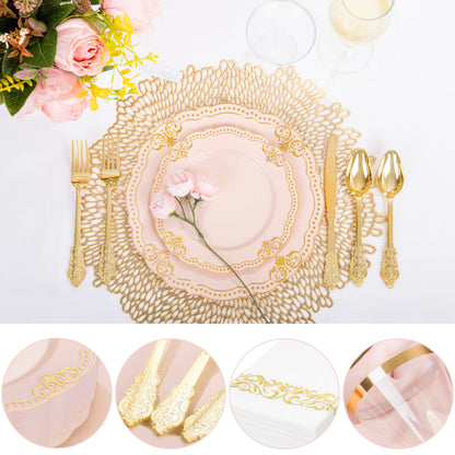 Ciaell 175 PCS White and Gold Plastic Plates - Fancy Gold Disposable Dinnerware Set with of 25 Dinner Plates, 25 Salad Plates, 25 Knives, 25 Forks, 25 Spoons, 25 Cups, 25 Napkins for Weddings Party
