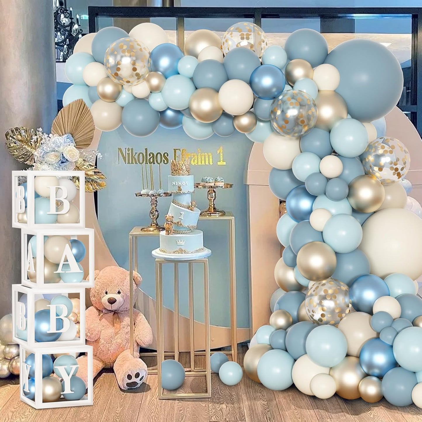 153pcs Dusty Blue Balloon Baby Shower Decorations for Boy, Blue Balloon Arch Kit Baby Boxes with Letter (A-Z+Baby) for Boho Baby Shower Boy Birthday Gender Reveal Party Supplies