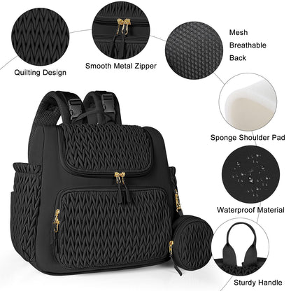 Geestock Diaper Bag Small Diaper Backpack, Stylish Quilted Baby Backpacks, Mini Maternity Bags, with Changing Pad, Pacifier Case & Stroller Straps, Parents Essentials Diaper Bag, Black