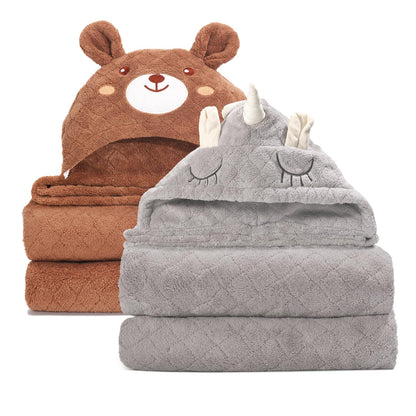 Hooded Baby Towels Boy for 0-6 Years, 50"x 32" Extra Large Toddler Bath Towels with Hood for Boys & Girls, 2-Pack Absorbent Thick Soft Gift for Kids Yellow Lion & Orange Monkey