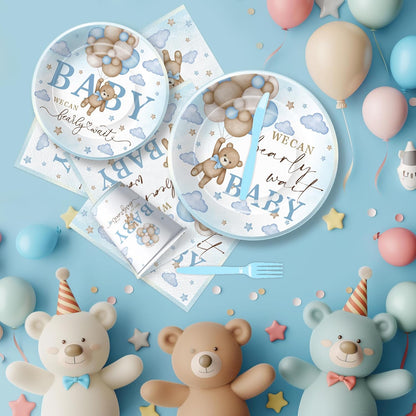 Bear Baby Shower Decorations Party Tableware Boy - Blue Bear We Can Bearly Wait Baby Shower Decorations Supplies, Paper Plates and Napkins Set, Cup, Disposable Forks, 24 Guests