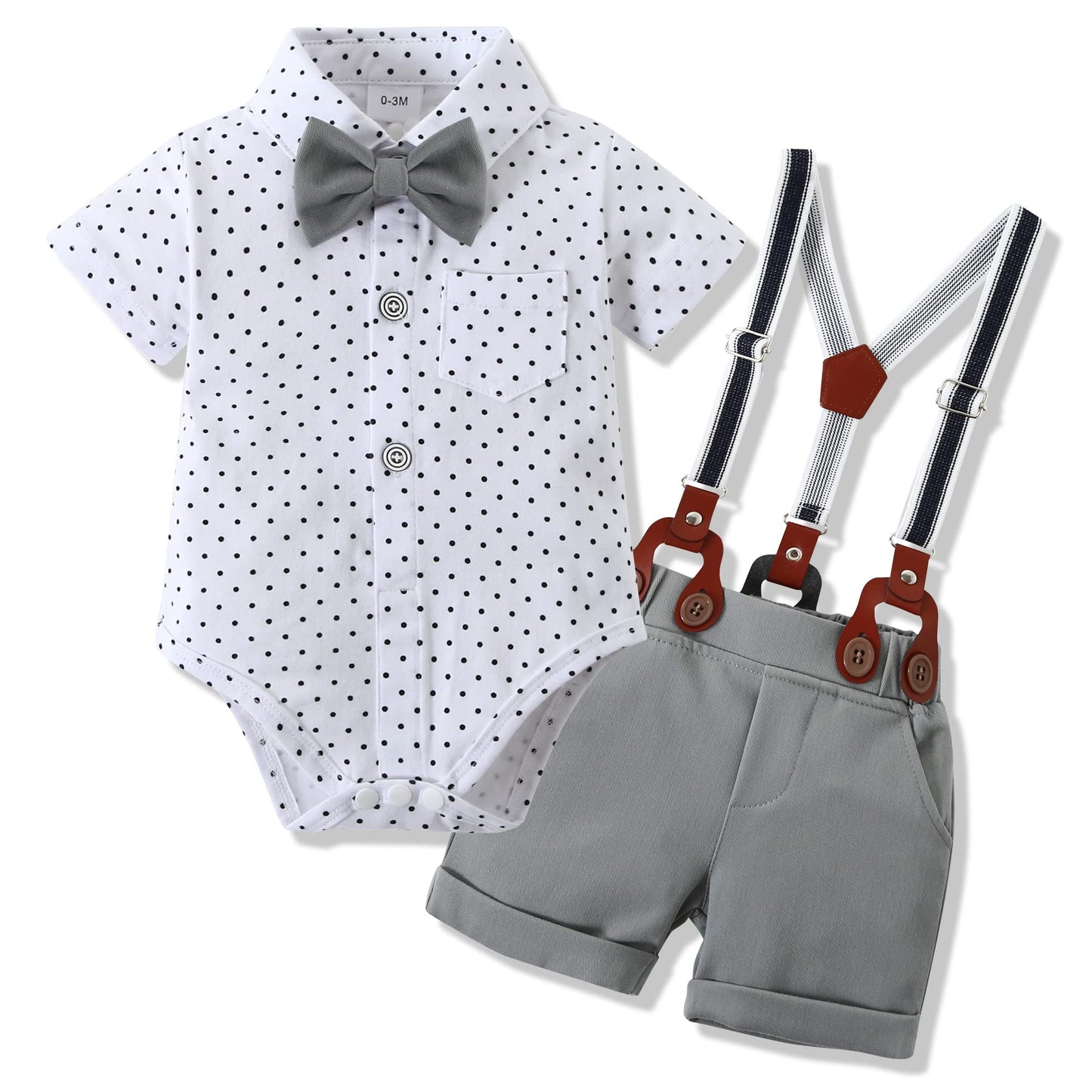 WESIDOM Baby Boy Clothes Suit 0-24 Months Gentleman Outfits, Short Sleeve Dress Romper+Bowtie+Detachable Suspender Shorts Set