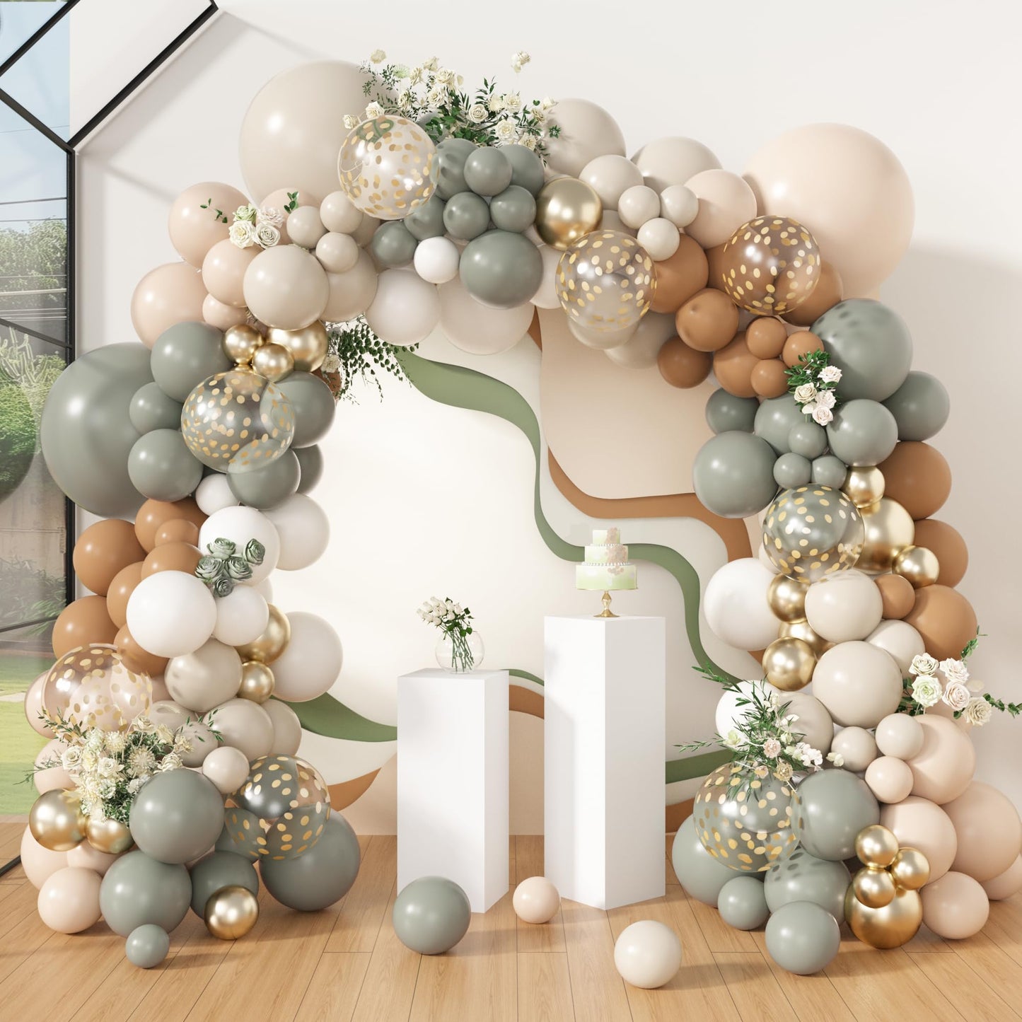 Amandir 173Pcs Pink Blue Green Balloon Arch Garland Kit, Dusty Baby Pink Mauve Pastel Mist Haze Green Blue Gold Confetti Balloons for Baby Shower Gender Reveal Wildflower Birthday Party Decorations