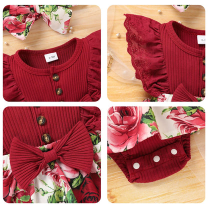 Sinhoon Baby Girl Clothes Newborn Ruffled Sleeveless Romper Floral Dreesy Bodysuit Heaedband 3pcs Baby Girl Summer Clothes