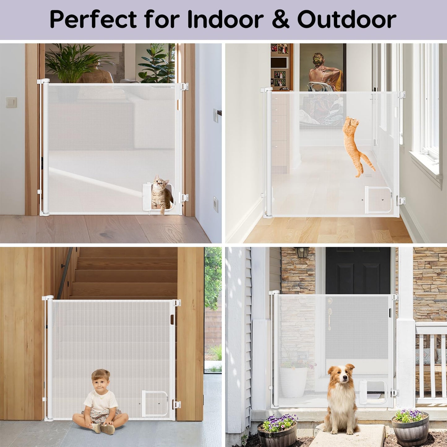 48 Inch Extra Tall Pet Gate Retractable Baby Gate with Cat Door - No Jumping Over, 55" Wide Retractable Dog Gate Indoor 4ft Extra Tall Cat Gate for Doorway Outdoor Deck Gate, White