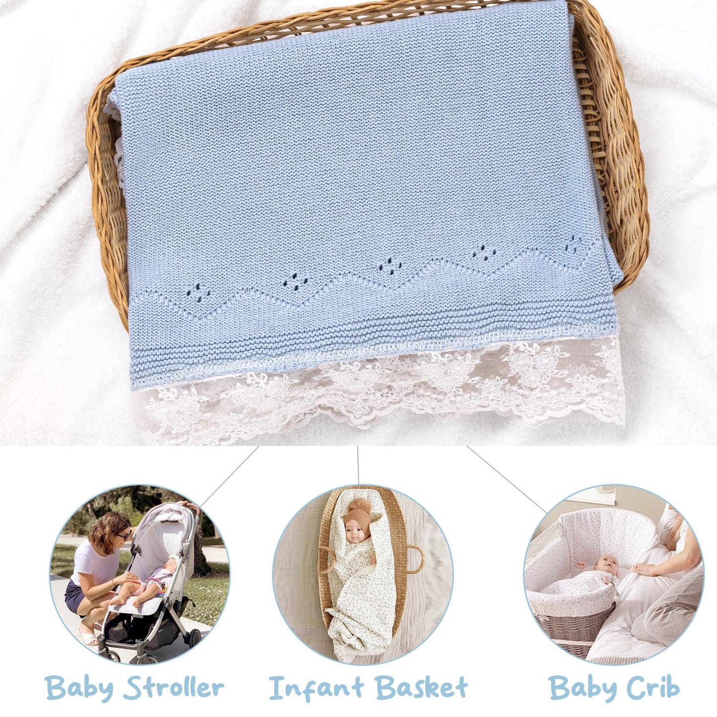 Booulfi Knit White Baby Blankets Neutral,Crib Stroller Newborn Blankets for Boys Girls,Cotton Lace Crochet Winter Blanket Nursery Blanket New Baby Essentials, 38X39