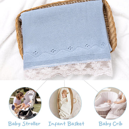 Booulfi Knit White Baby Blankets Neutral,Crib Stroller Newborn Blankets for Boys Girls,Cotton Lace Crochet Winter Blanket Nursery Blanket New Baby Essentials, 38X39