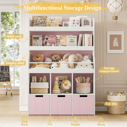 HITHOS 55.3" H Kids Bookshelf with Toy Storage Organizer, Tall Book Shelf with 3 Movable Toy Storage Bins, Large Kids Bookcase with Toy Chest, 39.2" W Modern Toy Box for Kids Room, Playroom, White