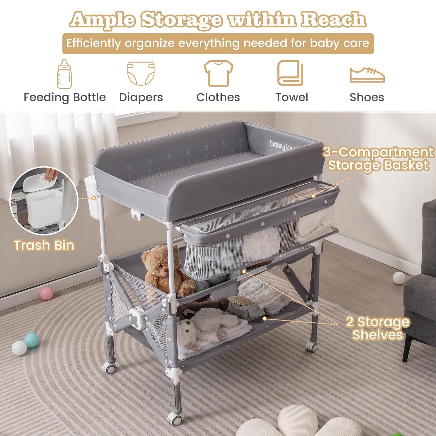 BABY JOY Portable Baby Changing Table, Foldable Waterproof Diaper Changing Station w/Wheels, Adjustable Height, Storage Basket, Shelves & Trash Bin, Mobile Nursery Organizer for Newborn Infant, Beige
