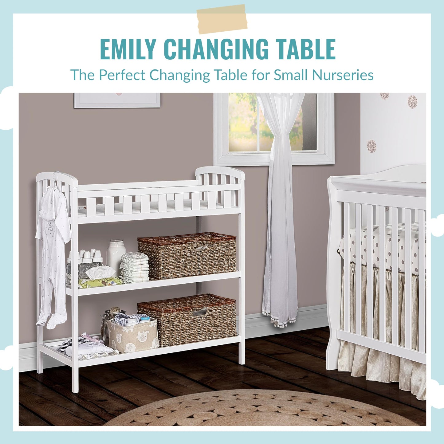 Dream On Me Emily Changing Table In Natural, Comes With 1" Changing Pad, Features Two Shelves, Portable Changing Station, Made Of Sustainable New Zealand Pinewood