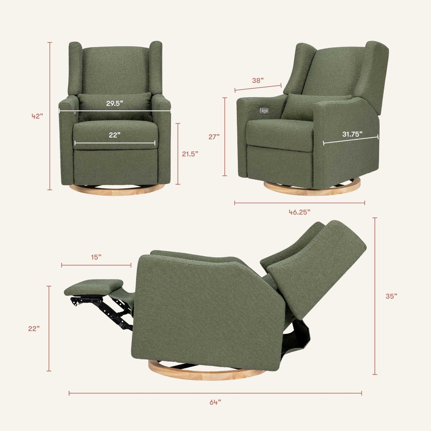 Babyletto Kiwi Electric Power Glider Recliner Nursery Chair w/ USB Ports - Water & Stain Resistant Glider Rocking Chair for Nursery - GREENGUARD Gold Certified Swivel Rocker Recliner Chair - Cream