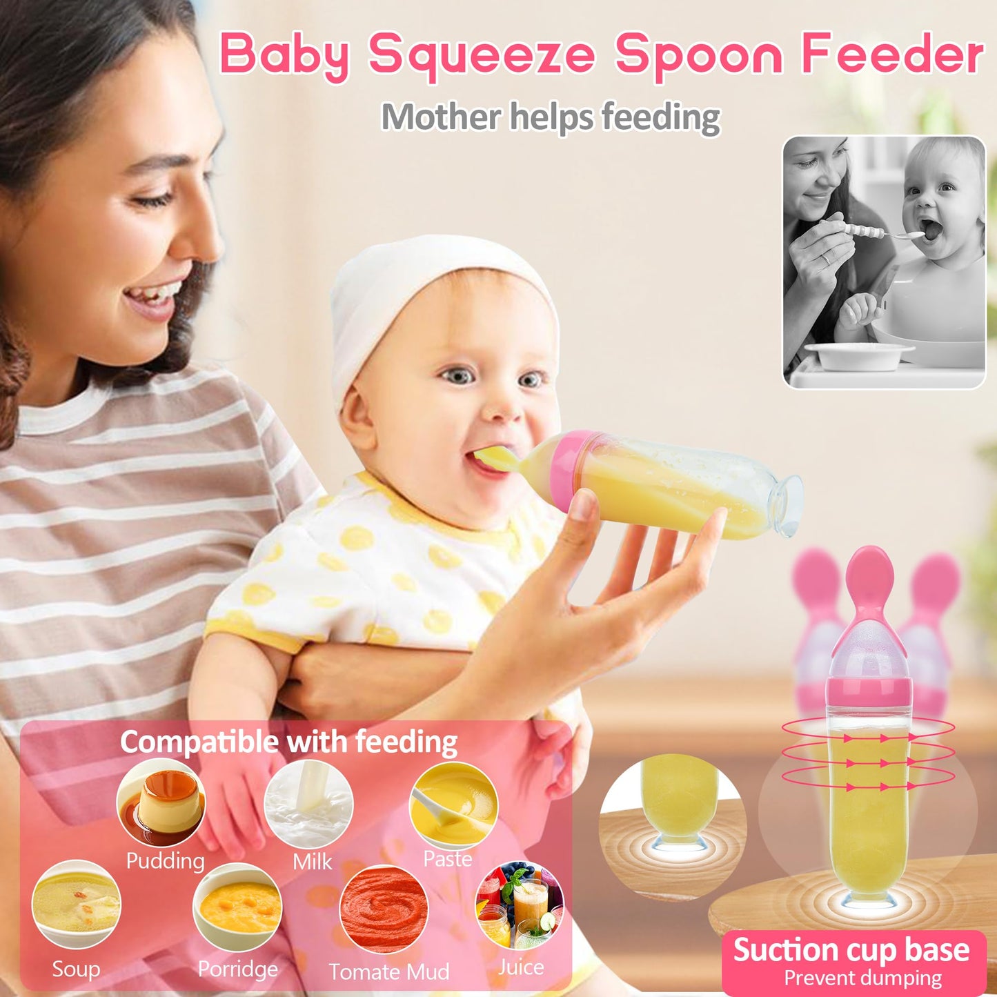 Food Feeder for Baby, Fruit Feeder Pacifier (3 Pcs) with 6 Different Sized Silicone Pacifiers 1 PCS Silicone Baby Food Dispensing Spoon 90ML with 1 PC Baby Spoons 1 PC Pacifier Clip Baby Feeding Set