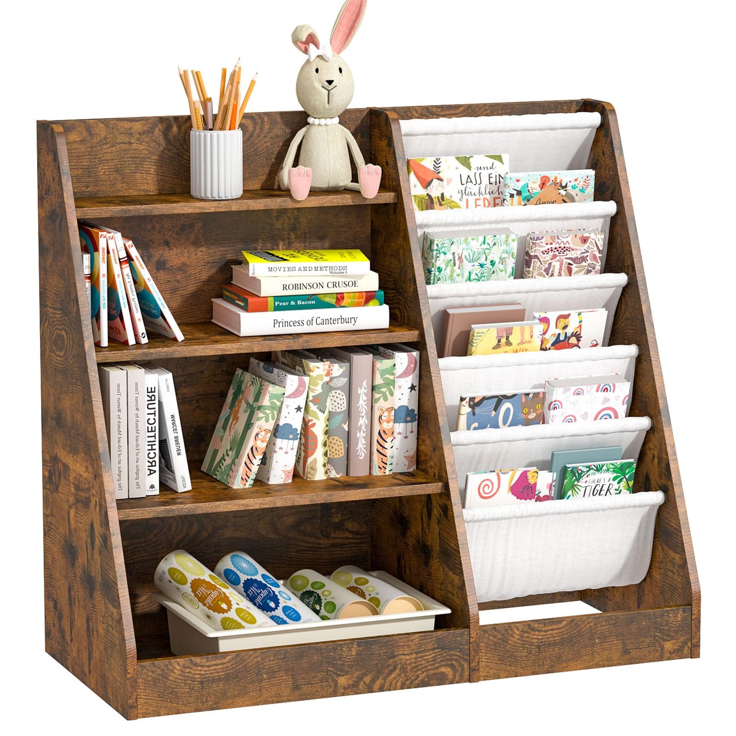 White Kids Bookshelf Wood Toy Storage Organizer Cabinet Children Bookcase Toddler Baby Sling Book Rack 3 Cube Bins Fabric Drawers for Playroom Bedroom Nursery School
