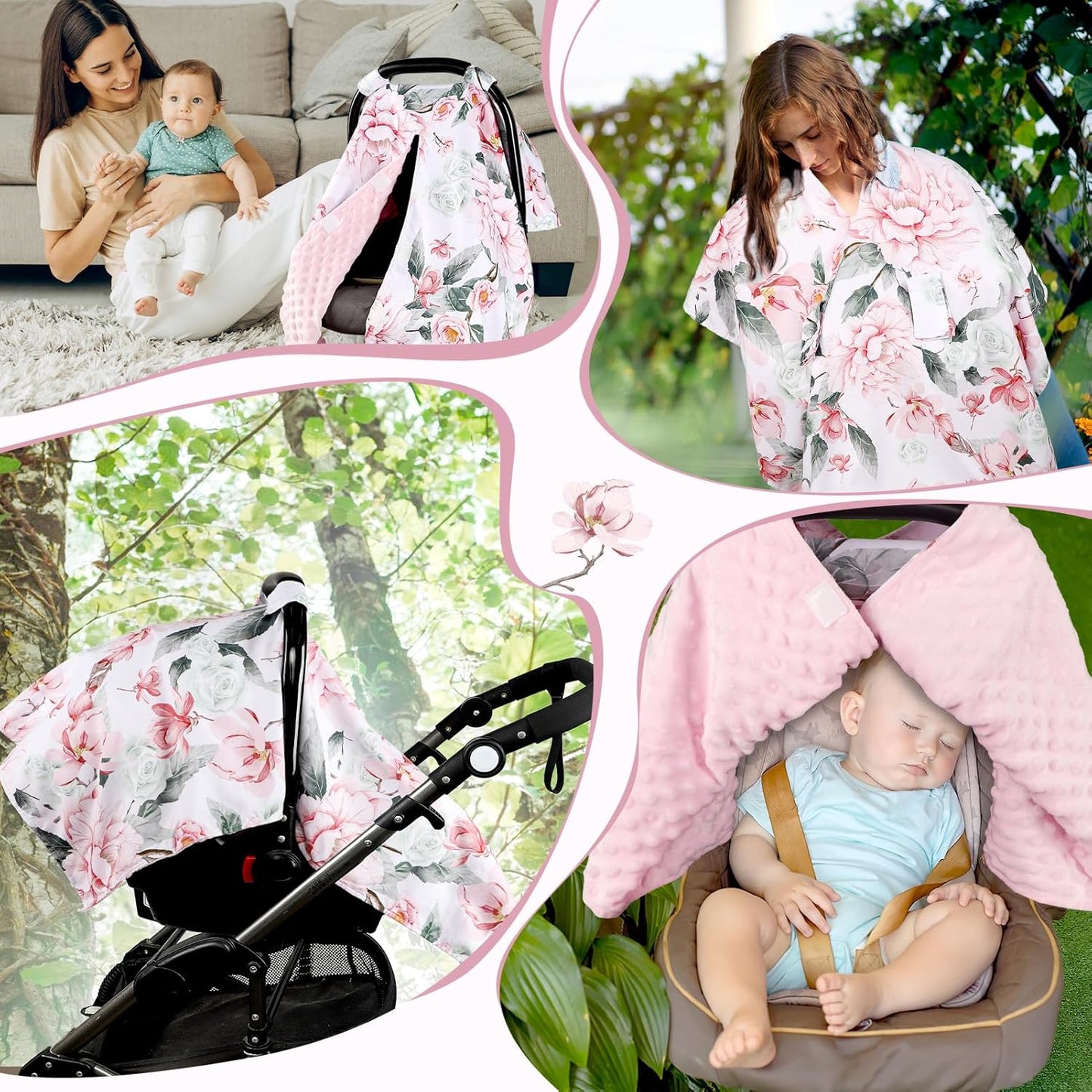 Baby Car Seat Cover, Breathable Infant Carseat Cover for Summer Peekaboo Opening Car Seat Canopy Cover, Nursing Cover for Baby Boys Girls (Flower)