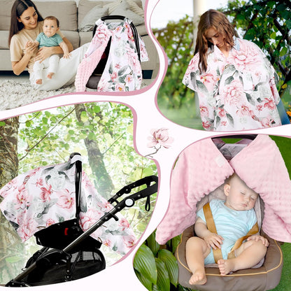 Baby Car Seat Cover, Breathable Infant Carseat Cover for Summer Peekaboo Opening Car Seat Canopy Cover, Nursing Cover for Baby Boys Girls (Flower)