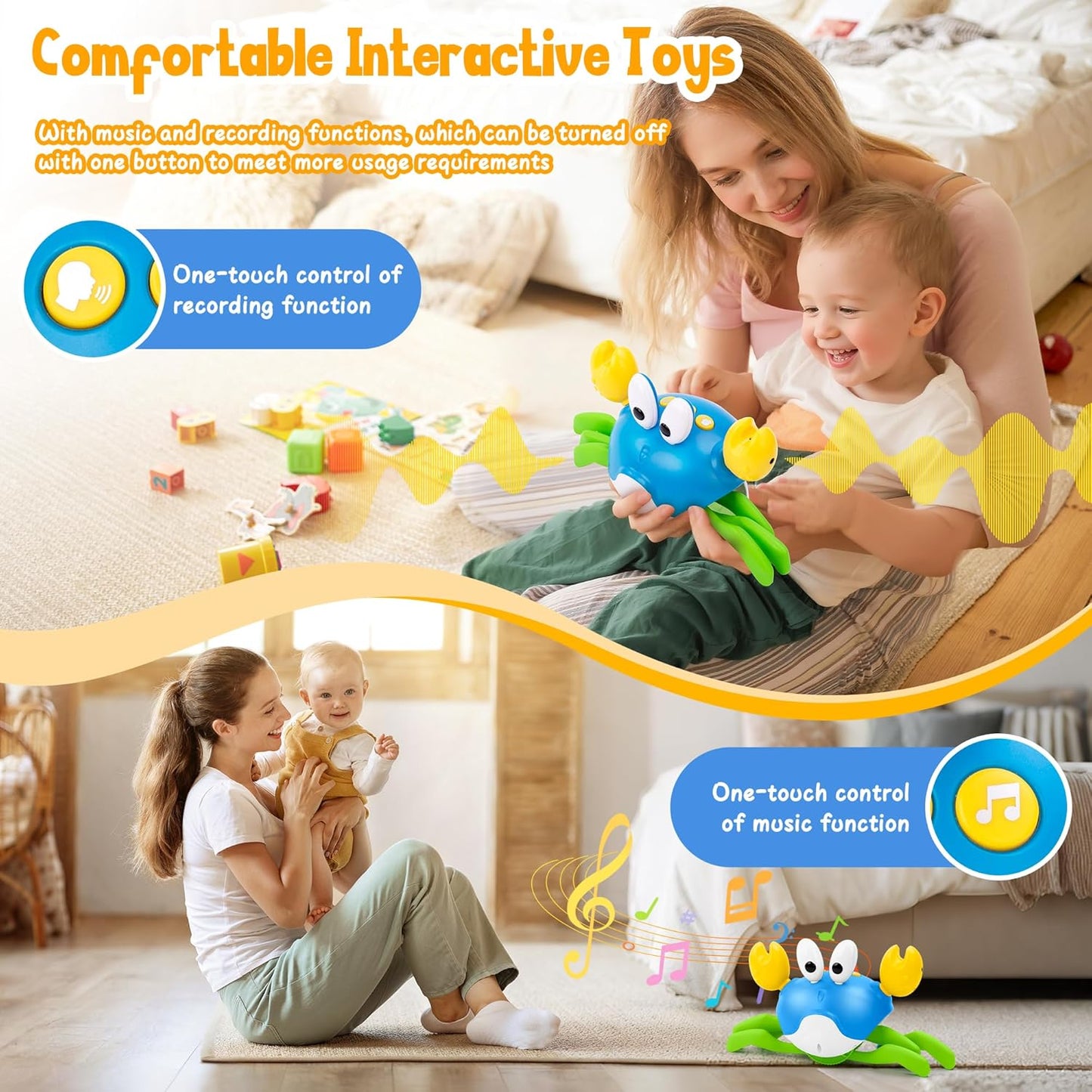 Crawling Crab Baby Toy, Increase Baby's Tummy Time Crab, Inspire Crawling, Automatic Obstacle, Rechargeable, Music, Speed Adjustment, Recording, Dancing Crab Toy for Kid's Sensory Development
