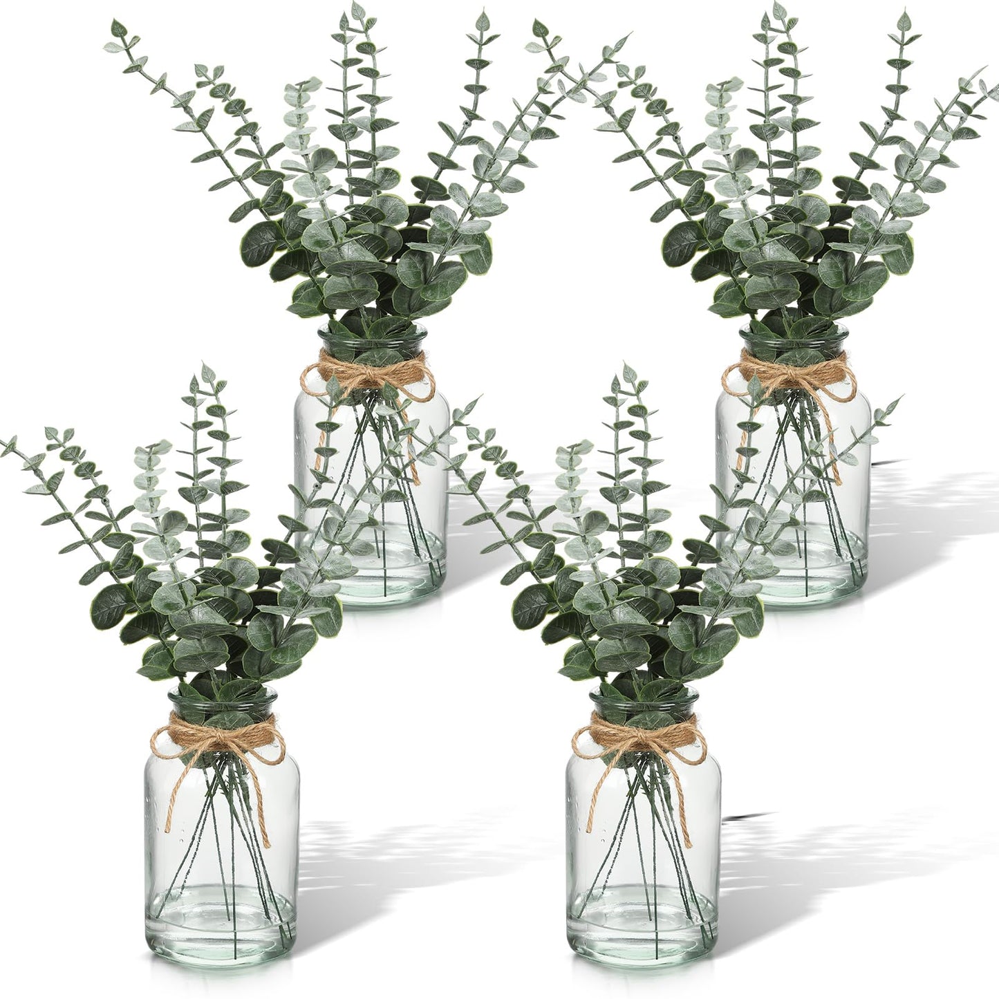 4 Pack Artificial Eucalyptus Stems in Glass Vase 15 Inch Fake Plants Eucalyptus Potted Fake Plant with Double-Sided Green Leaves for Desk,Farmhouse,Wedding,Home,Office Decor(Classical)