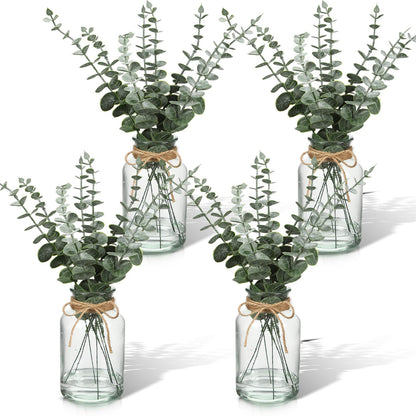 4 Pack Artificial Eucalyptus Stems in Glass Vase 15 Inch Fake Plants Eucalyptus Potted Fake Plant with Double-Sided Green Leaves for Desk,Farmhouse,Wedding,Home,Office Decor(Classical)