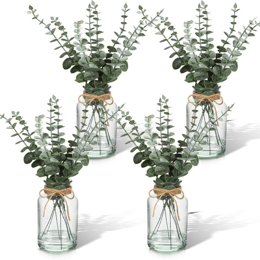 4 Pack Artificial Eucalyptus Stems in Glass Vase 15 Inch Fake Plants Eucalyptus Potted Fake Plant with Double-Sided Green Leaves for Desk,Farmhouse,Wedding,Home,Office Decor(Classical)