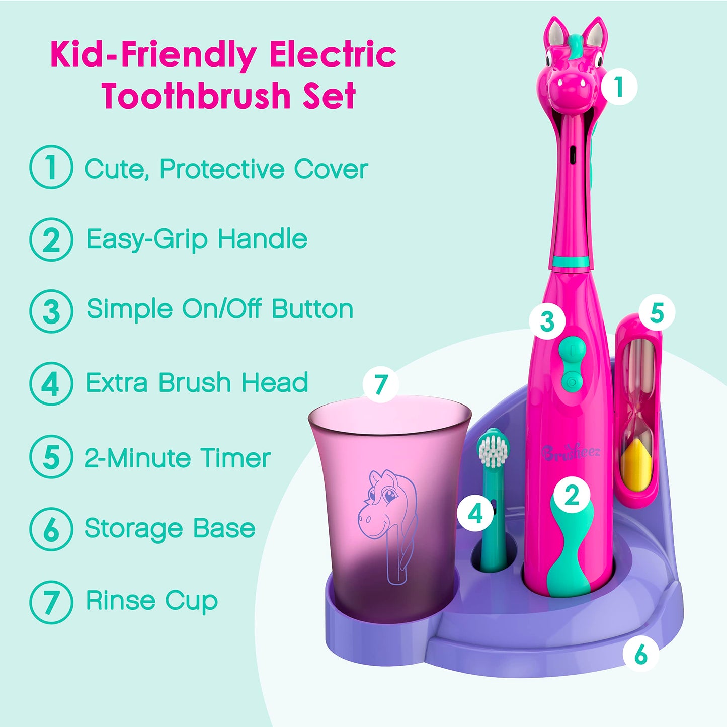 Brusheez Kids’ Electric Toothbrush Set - Safe & Effective for Ages 3+ - Parent Tested & Approved with Gentle Bristles, 2 Brush Heads, Rinse Cup, 2-Minute Timer, & Storage Base (Sparkle The Unicorn)