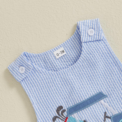 Baby Boy Summer Clothes Sleeveless Embroidery Dinosaur Striped Retro Romper Jumpsuit Smocked Shortall