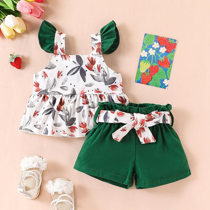 3-18M Newborn Baby Girl Pink Outfits Set Ruffle Sleeve Floral Top + Soild Shorts with Belt