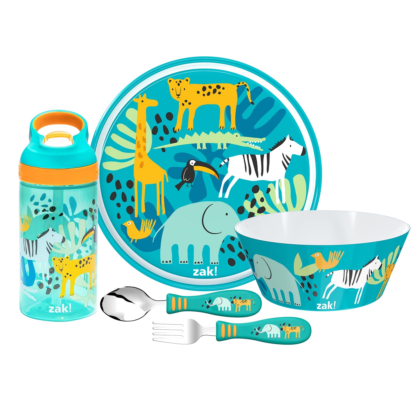 Zak Designs 5-Piece Dinnerware Set, Baby Shark - Durable Plastic & Stainless Steel - Includes Water Bottle, 8-Inch Plate, 6-Inch Bowl, Fork & Spoon - Suitable for Kids Ages 3+