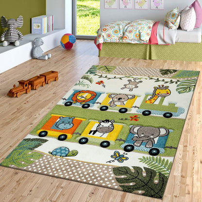 Kids Rug with Cute Animals on a Hot Air Balloon Ride in Pastel, Size: 2'8" x 4'11"