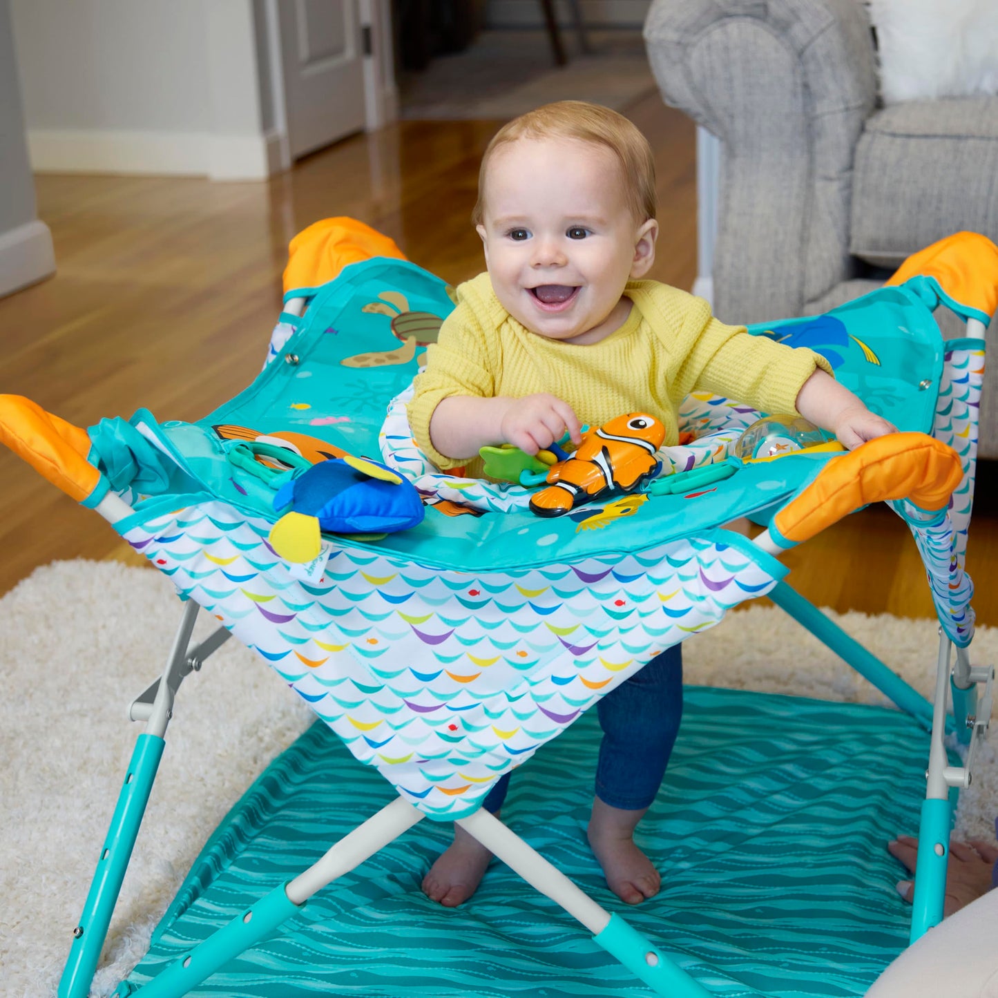 Bright Starts Pop 'N Jump Portable Activity Jumper, Indoor/Outdoor Use, Owl Forest with 4 Sensory Toys, Ages 6-12 Months