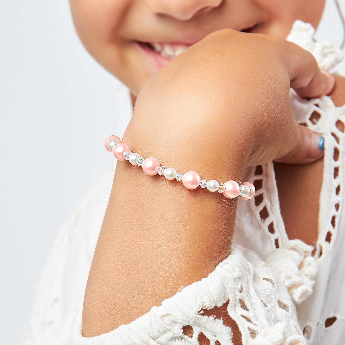 Pretty Sterling Silver Bracelets for Girls with Pink and White Simulated Pearls, European Crystals, Girls Jewelry, Pearl Bracelet for Girl, Birthday Gifts