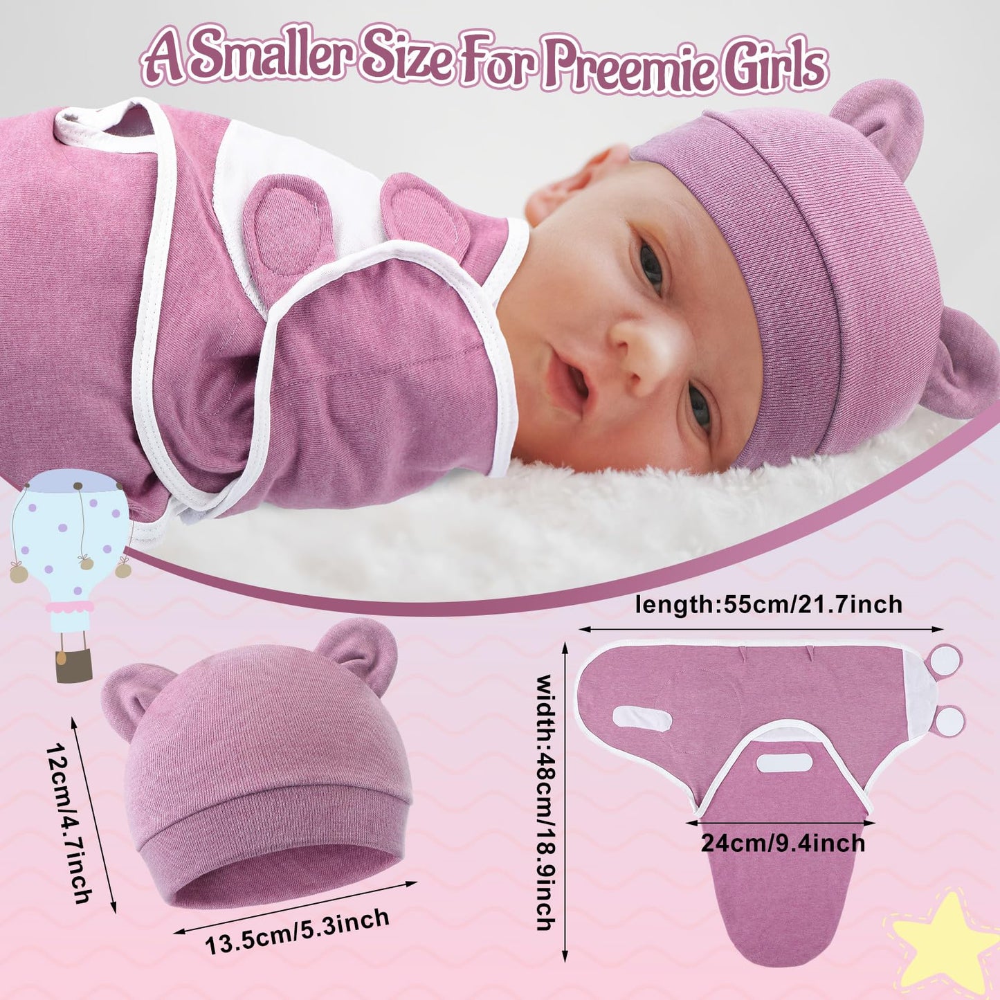 Buryeah 4 Pack Preemie Swaddle Blanket Wrap Set with Hat for Baby Boys Girls 3-7 Lbs Preemie Newborn Clothes Sleepers Cap