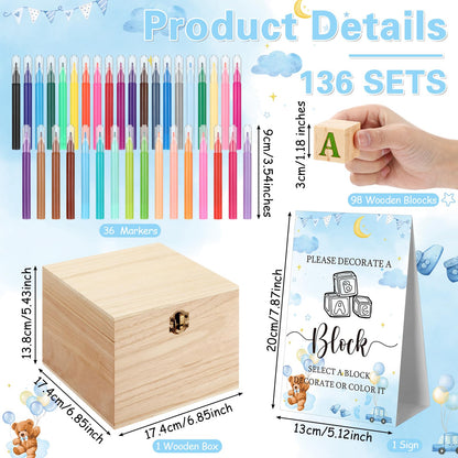 Marsui 136 Pcs Baby Shower Blocks to Decorate Game Kit Includes 98 Wooden Blocks, 36 Markers, 1 Game Sign, 1 Storage Box for Baby Shower Gender Reveal Activity Party Decorations(Pink Elephant)