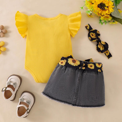 Baby Girl Clothes Newborn Romper Ruffle Sleeve Short Jeans Skirt with Headband Infant Outfits Set 0-18 Months
