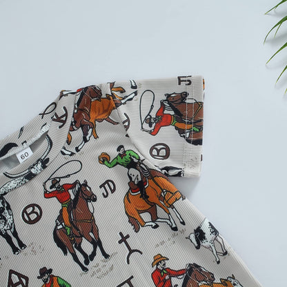 Gueuusu Country Baby Clothes Boy Girl Western Cow Print Short Sleeve Romper Bodysuit Ribbed One Piece Jumpsuit Summer Outfit