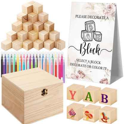 Marsui 136 Pcs Baby Shower Blocks to Decorate Game Kit Includes 98 Wooden Blocks, 36 Markers, 1 Game Sign, 1 Storage Box for Baby Shower Gender Reveal Activity Party Decorations(Pink Elephant)